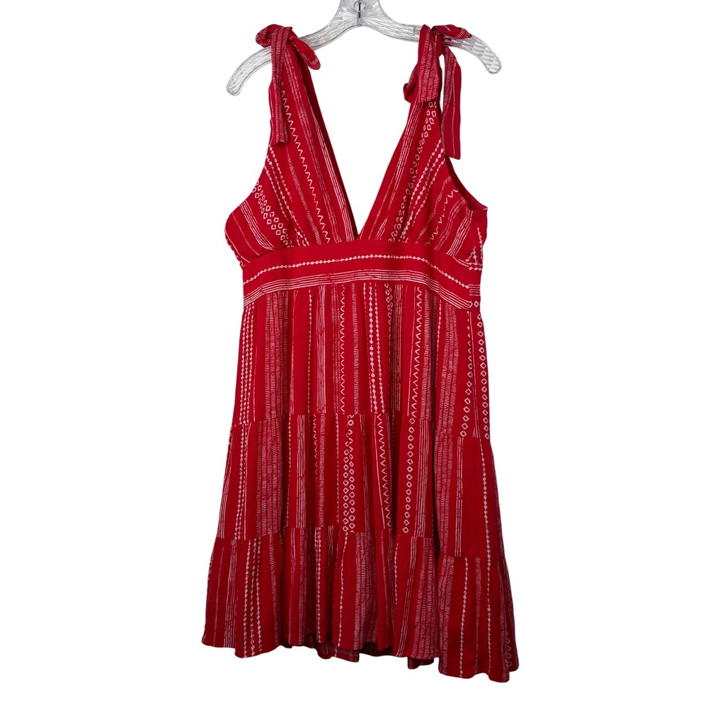 Savanna Jane‎ Red Boho Mini Dress Tie Shoulder Tiered Western Festival Large